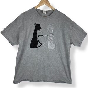 Gray Cat Graphic T‎ Shirt Womens Size XL Glitter Cats Heart Tee Rhinestones